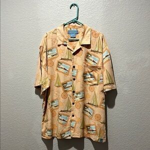 Bermuda Bay Silk Hawaiian Shirt Men's XL Compass Sailboats Pocket Collared